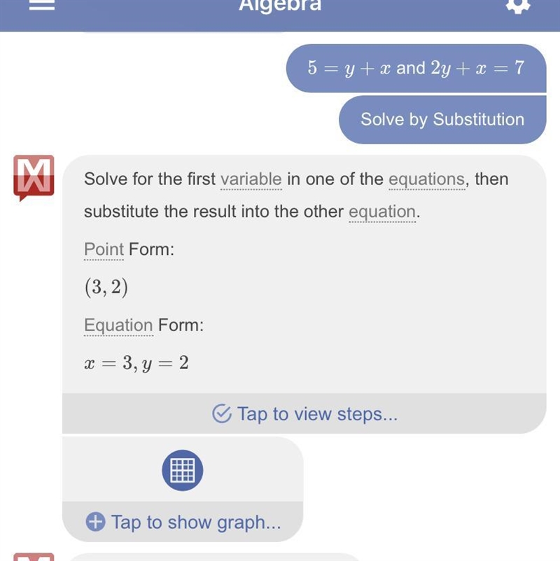 5 = y + x and 2y + x = 7 Answer Fast please.-example-1