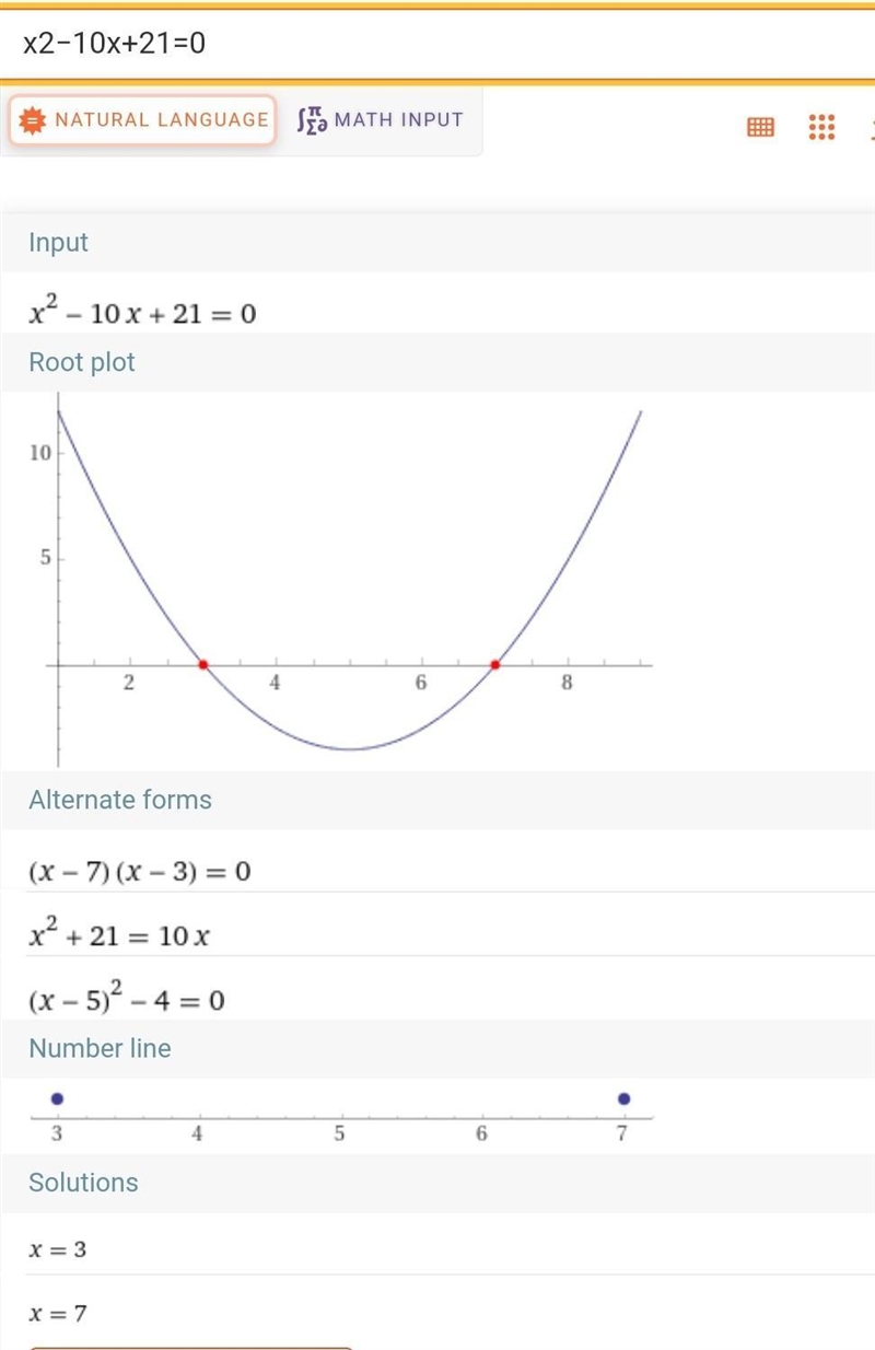 Which of the following is the solution to the quadratic equation x2−10x+21=0 ?-example-1