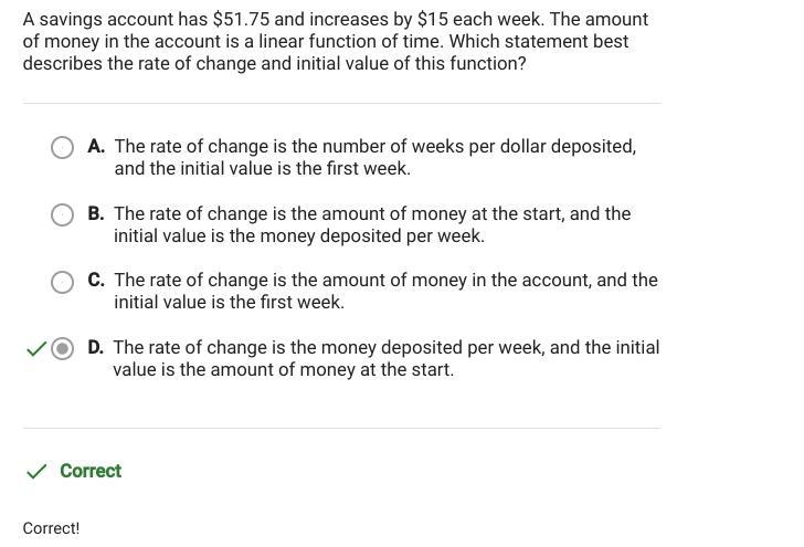 A savings account has $51.75 and increases by $15 each week. The amount of money in-example-1