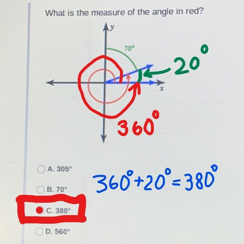 What is the measure of the angle in red? 70°-example-1