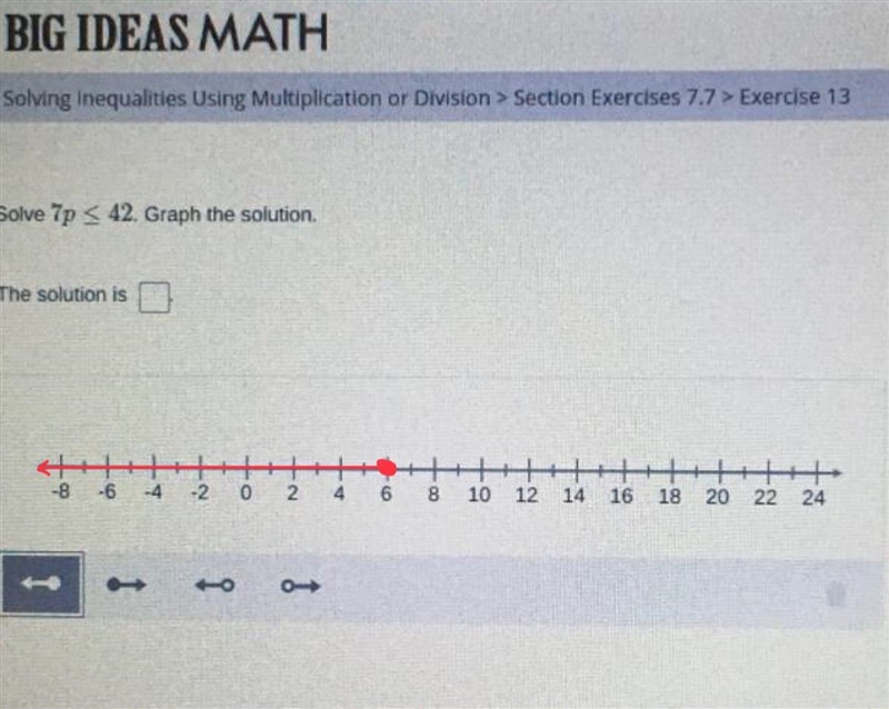 Solve 7p ≤ 42. Graph the solution.-example-1