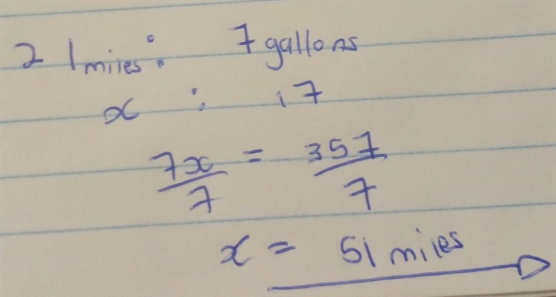 34 Proportions Mathematics, Pre-Algebra Question 2 A boat can travel 21 miles on 7 gallons-example-1