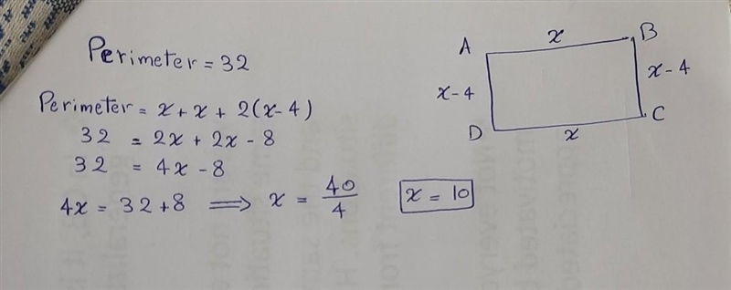 The perimeter of a rectangle is 32. The width is four less than the length. Find the-example-1