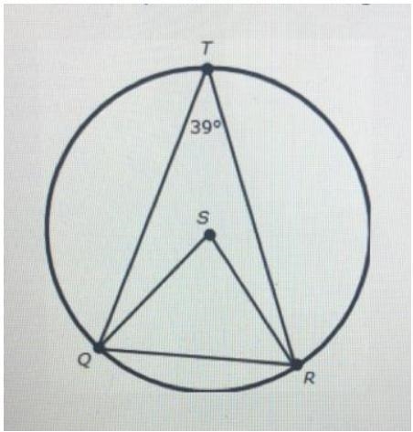 In circle S, angle QTR is an inscribed angle. What is the measure of angle QRS?-example-1