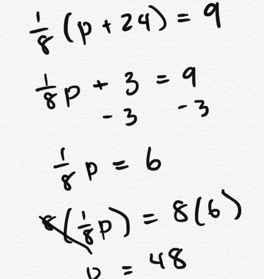 Solve the equation 1/8(p + 24) = 9-example-1