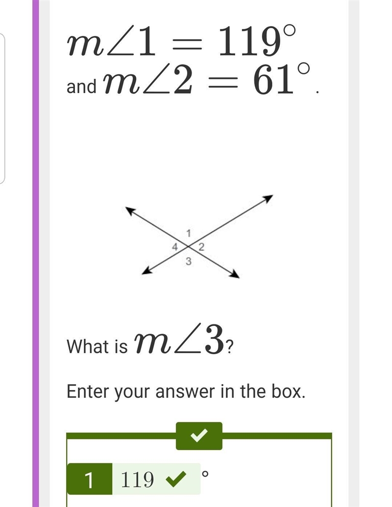 M∠1=119∘ and m∠2=61∘. What is m∠3?-example-1