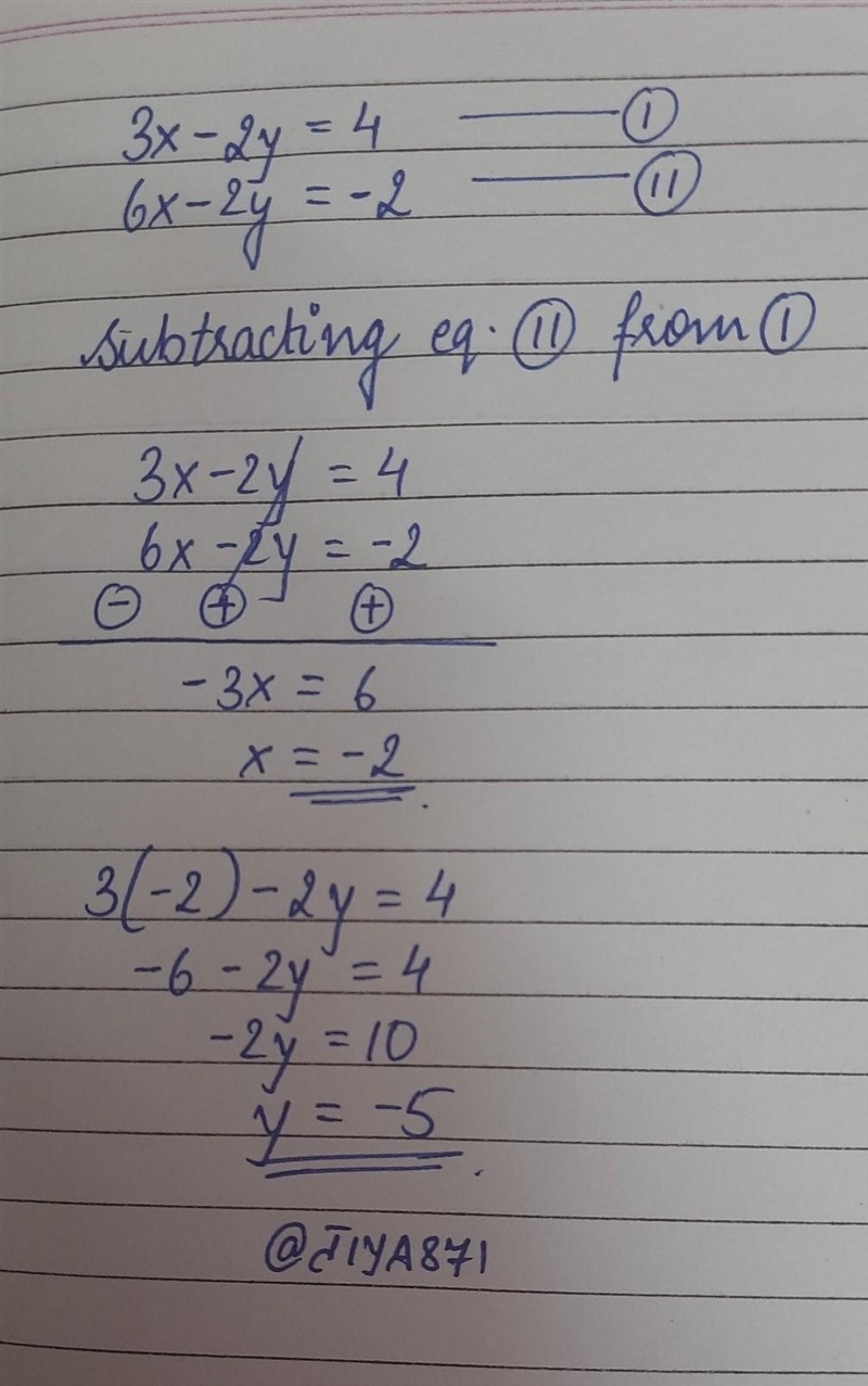 Pls hurry and help!!!!3x-2y=4 6x-2y =-2 solve the equations by using elimination show-example-1