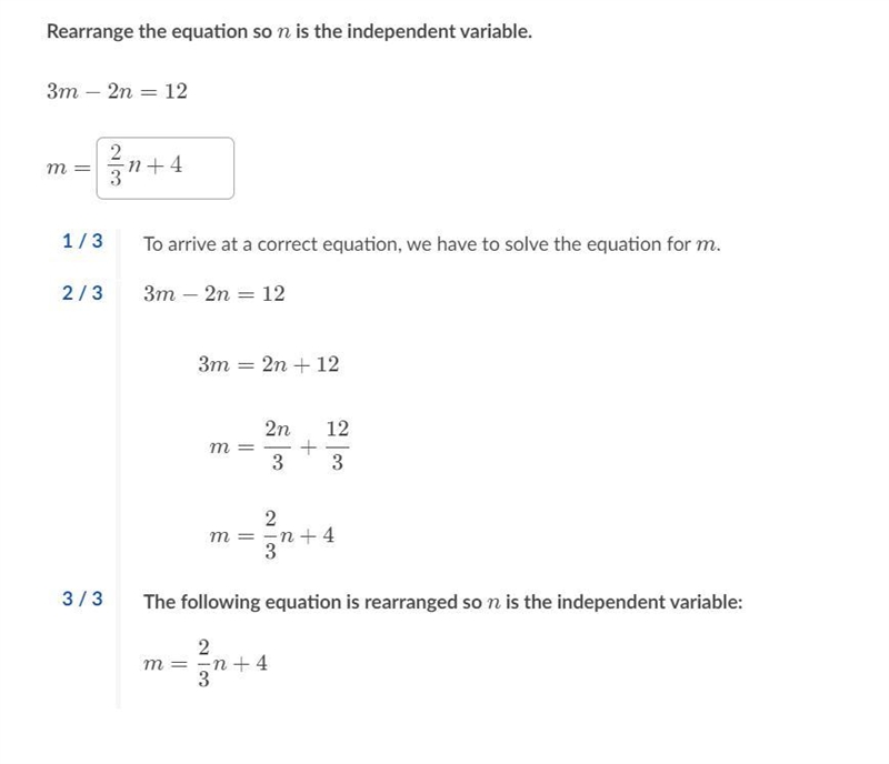 3m - 2n= 12 Rearrange the equation so N is the independent variable M =-example-1