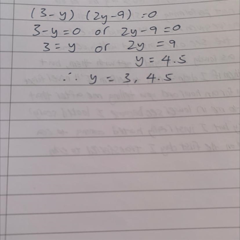 Solve. (3- y) (2 y– 9)=0 (If there is more than one solution, separate them with commas-example-1