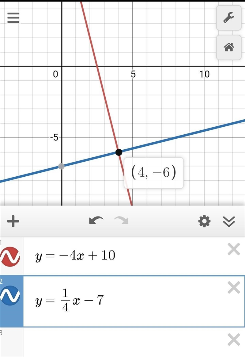 A walking path across a park is represented by the equation y = -4x+10. A new path-example-1