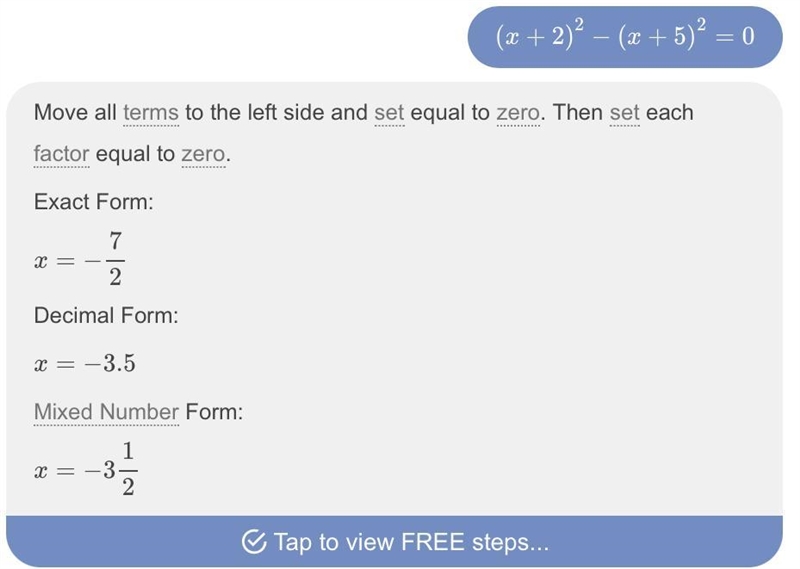 How to solve (x+2)^2-(x+5)^2=0-example-1