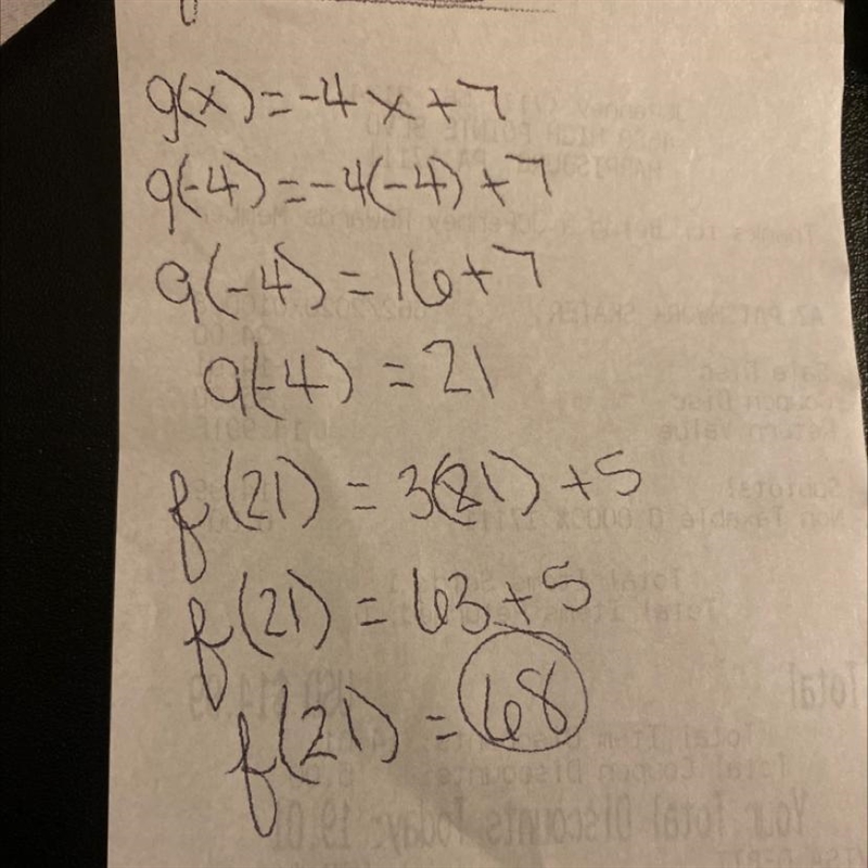 Let f(x) = 3x + 5 and g(x) = -4x + 7. Find.(f.g)(-4)-example-1