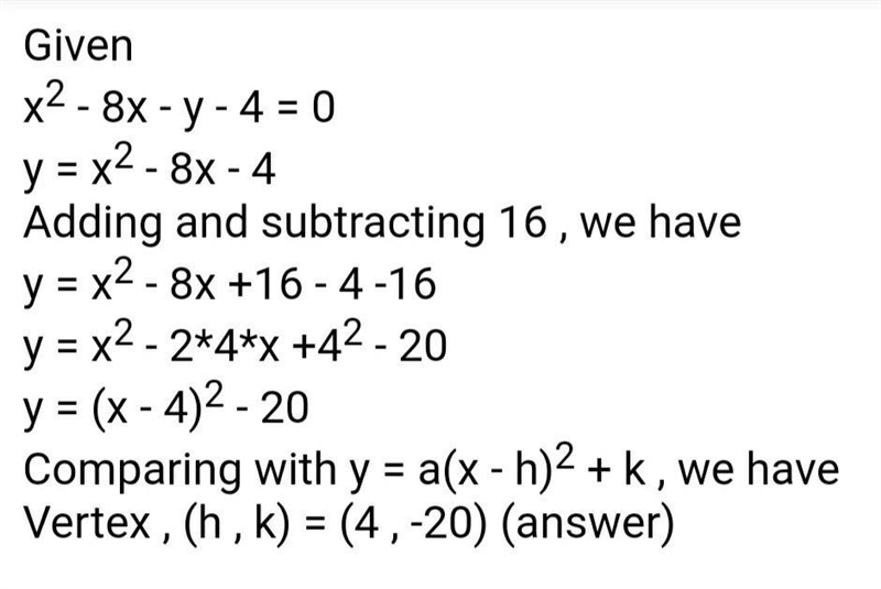 Complete the square to find the vertex of this parabola. x2 - 8x - y - 4 = 0 ([?], [ ]-example-1