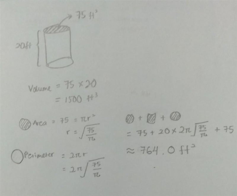 The area of the base of a cylinder is 75 square ft and the height is 20 ft. Calculate-example-1