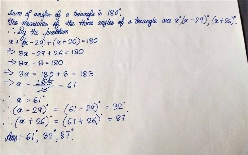 Solve this exercise using the fact that the sum of the measures of the three angles-example-1