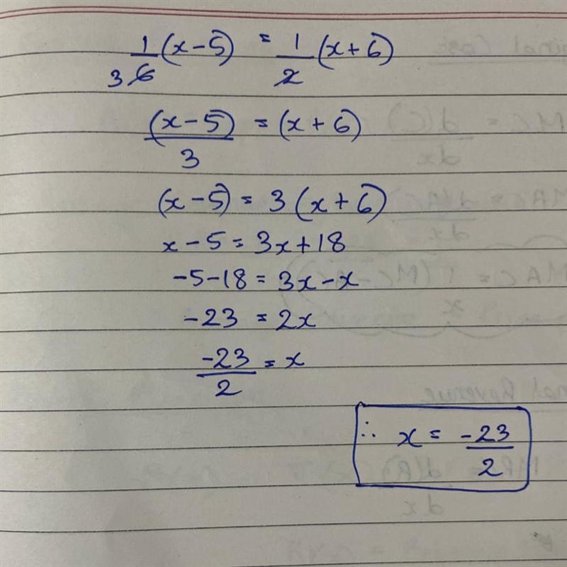 Solve the equation 1/6(x-5) = 1/2(x+6)-example-1