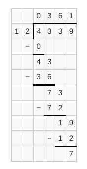 Divide and write the quotient as a mixed number. - 4339 = (- 12)-example-1