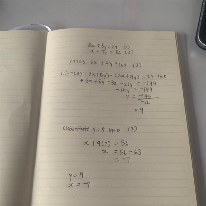 Simultaneous equations 3x+ 5y=24 x+7y=56​-example-1