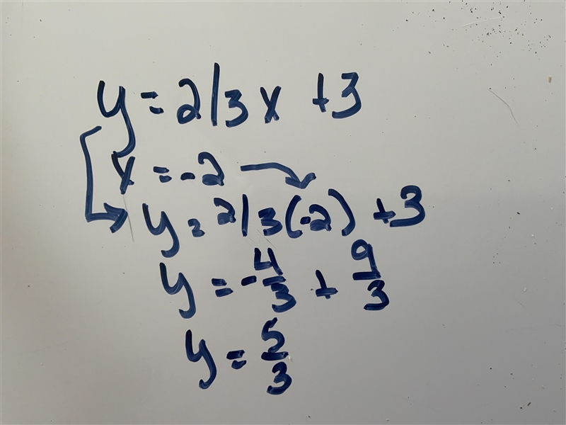 What is the solution to the system of equations? y = 2/3x+ 3 x=-2 {-2, -15/2} {-2, 5/3} {-2, 11/6} {-2, 13/3}-example-1