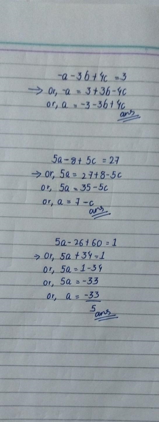 What is the solution to this system of equations? -a - 3b + 4c = 3 5a – 8 + 5c = 27 5a-example-1