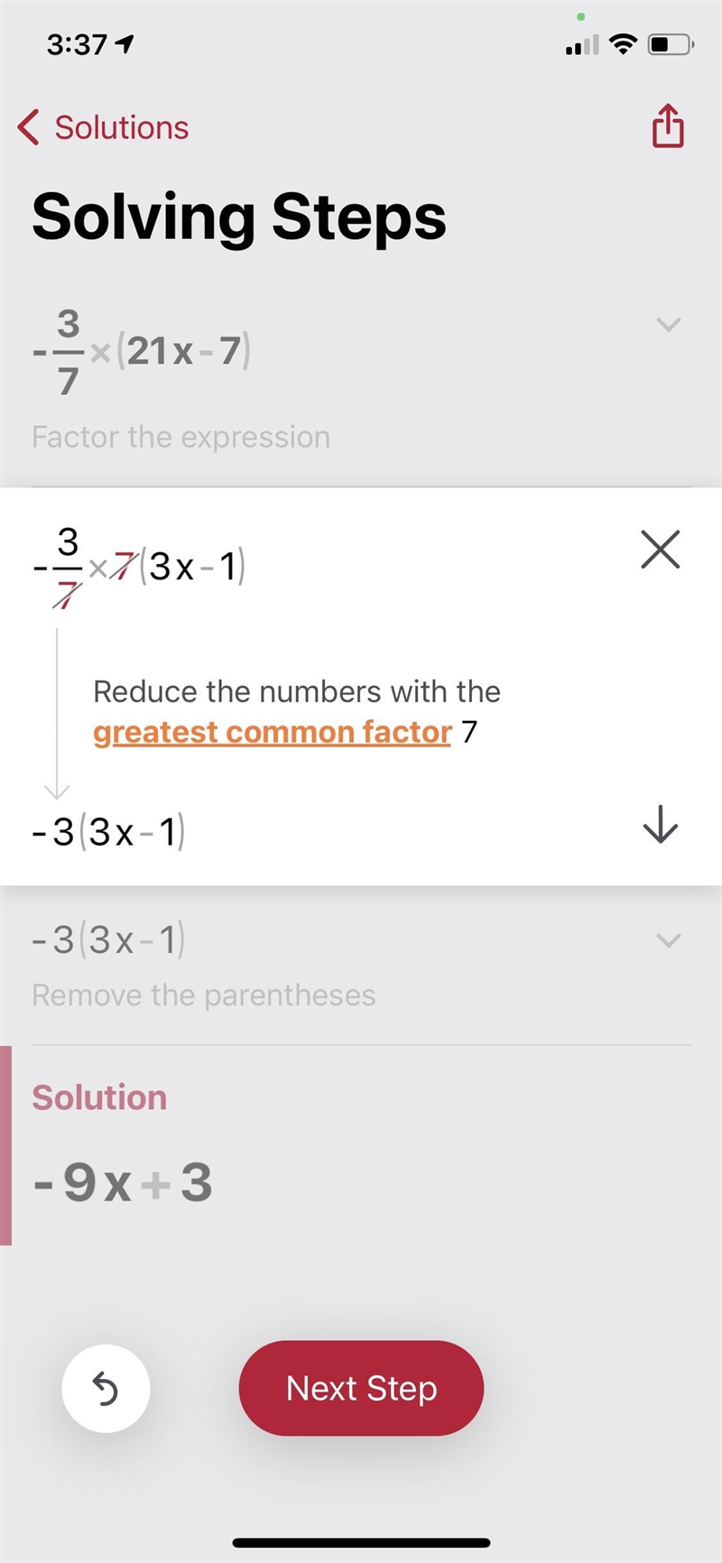 Distribute -3/7 (21x - 7) ​-example-1