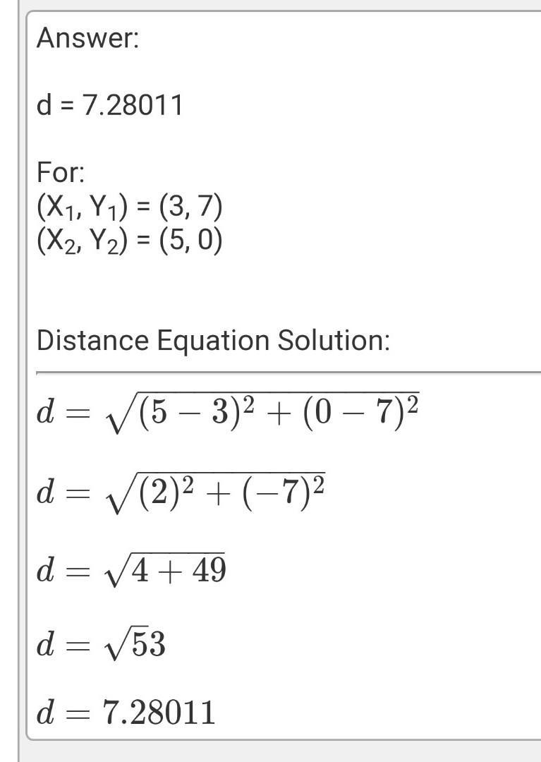 PLEASE HELP!!! Find the distance between the following two points: (3,7) and (5,0). Round-example-1