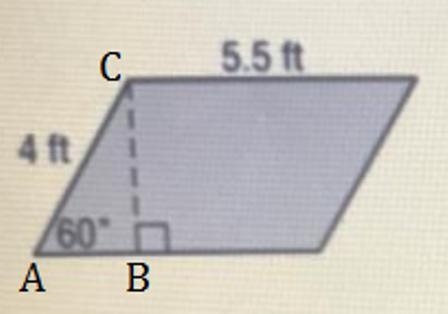 Question 3 Find the area of the parallelogram below. 5.5 ft 4 ft 1 /60" HINT-example-1