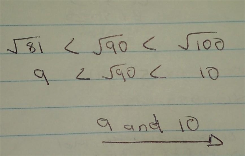 Between what two integers is √90 located? (Hint: Write the squares from 1,2,3--10). 100 points-example-1