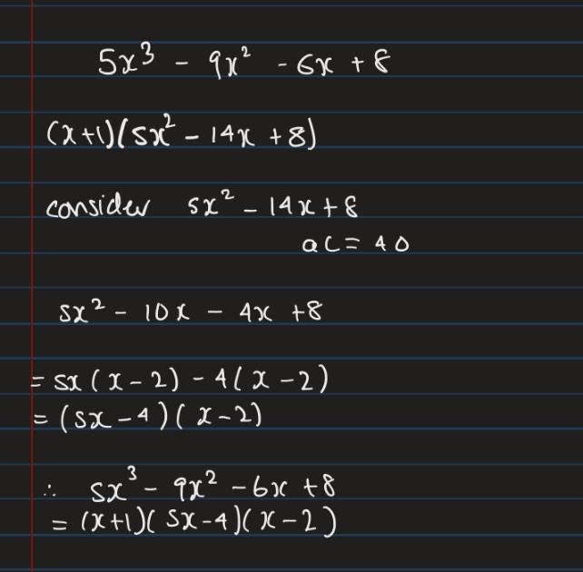 The polynomial p(x) = 5x^2 – 9x2 - 6x + 8 has a known factor of (x + 1). Rewrite p-example-1