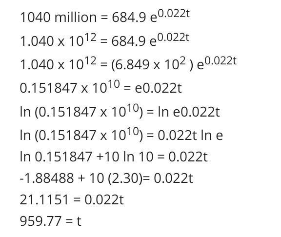 C) The exponential model A = 513.5e0.009t describes the population, A, of a country-example-1