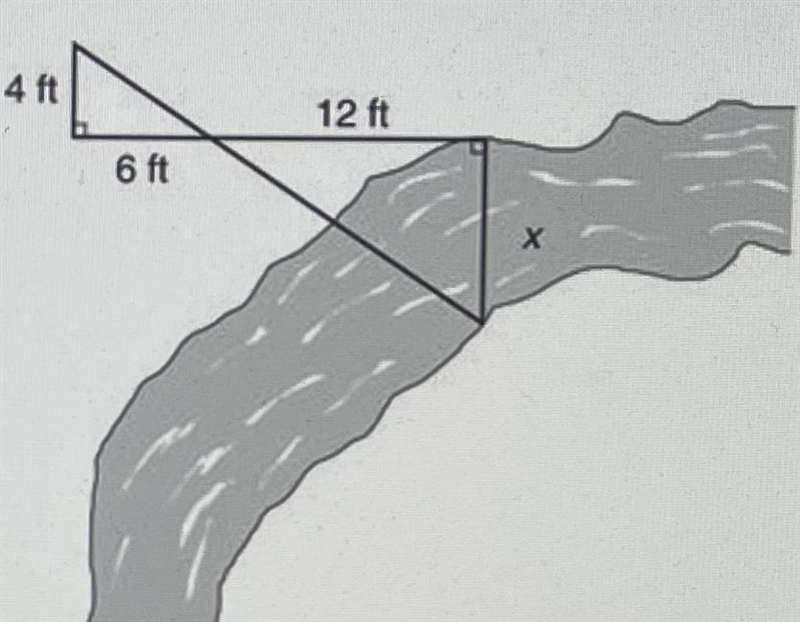 A section of a stream is shown in the drawing below. What is x, the distance across-example-1