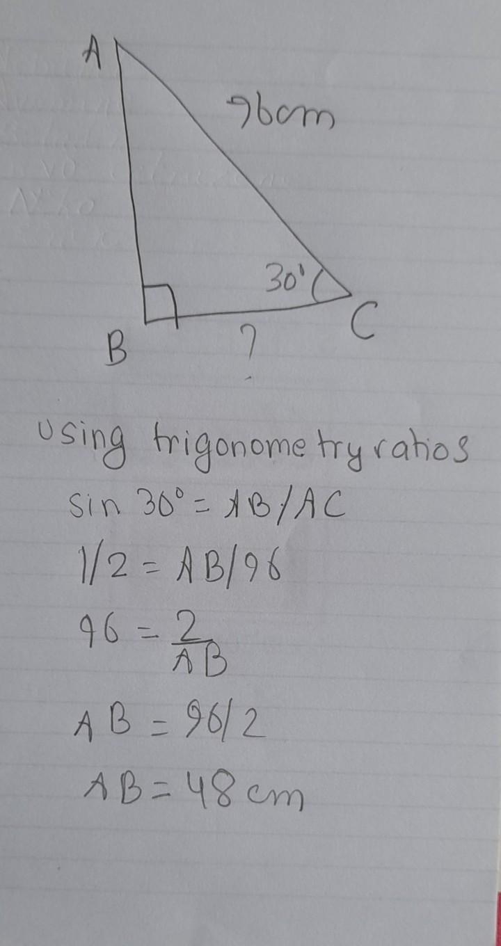 ABC is a right angled triangle. if B = 90°, AC = 96 cm, C = 30°. AB = cm-example-1