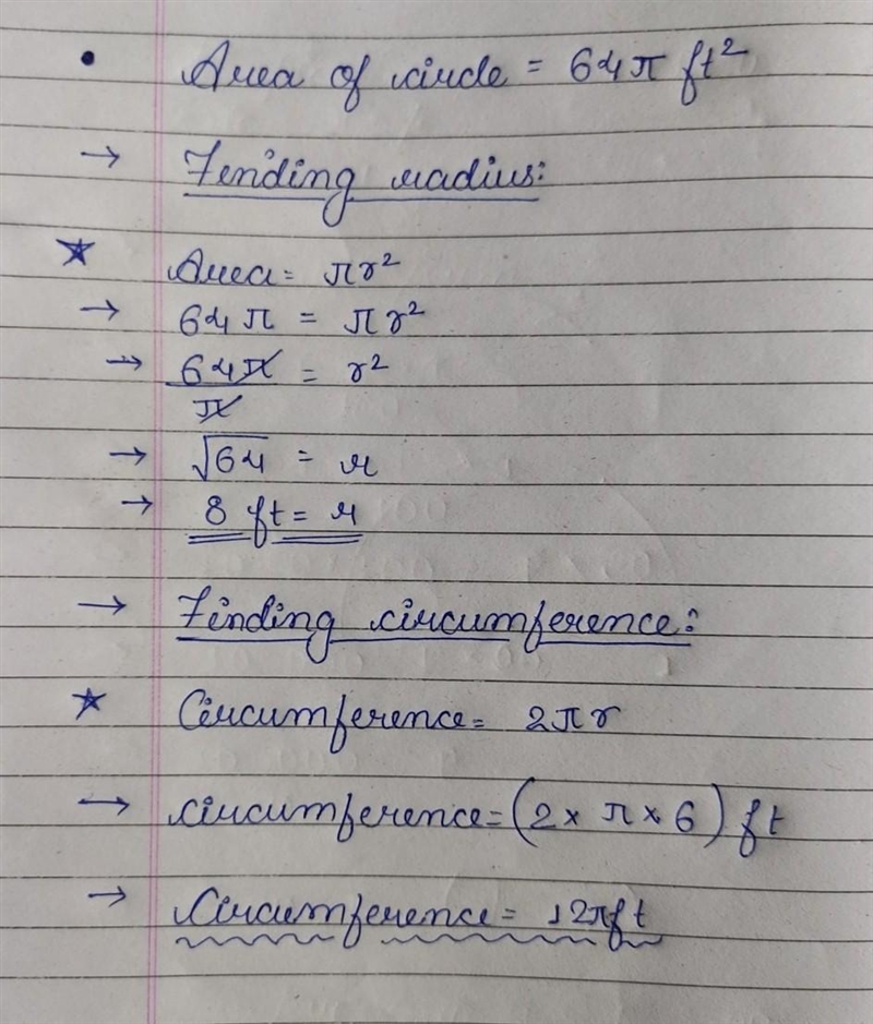 the area of a circle is 64π ft2. what is the circumference in feet? Express your answer-example-1