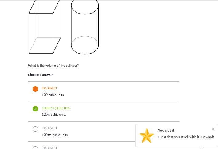 The following prism has a base area of 20\pi20π20, pi square units and a volume of-example-1