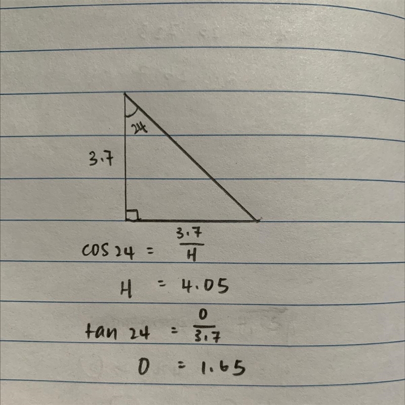 A right angled triangle has a second angle equal 24 degrees. The side adjacent to-example-1