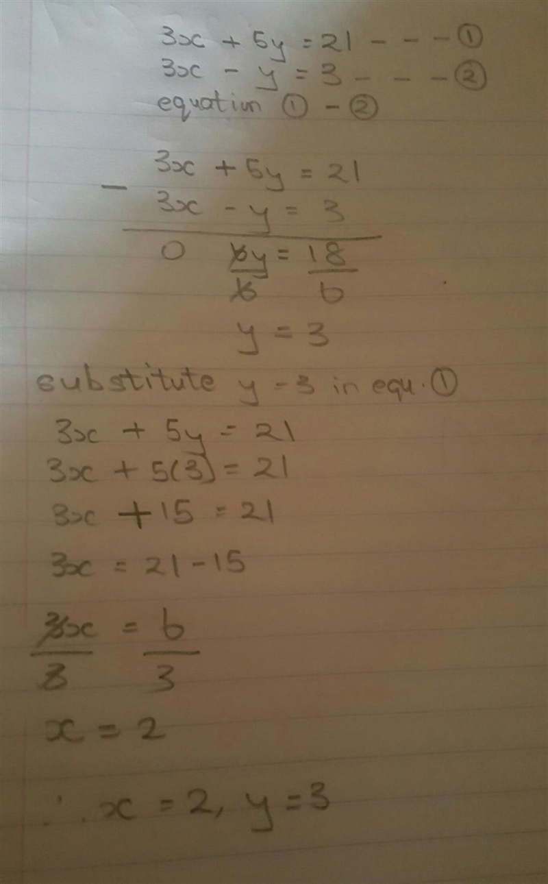 Solve the simultaneous equations 3x + 5y = 21 3x – y=3-example-1