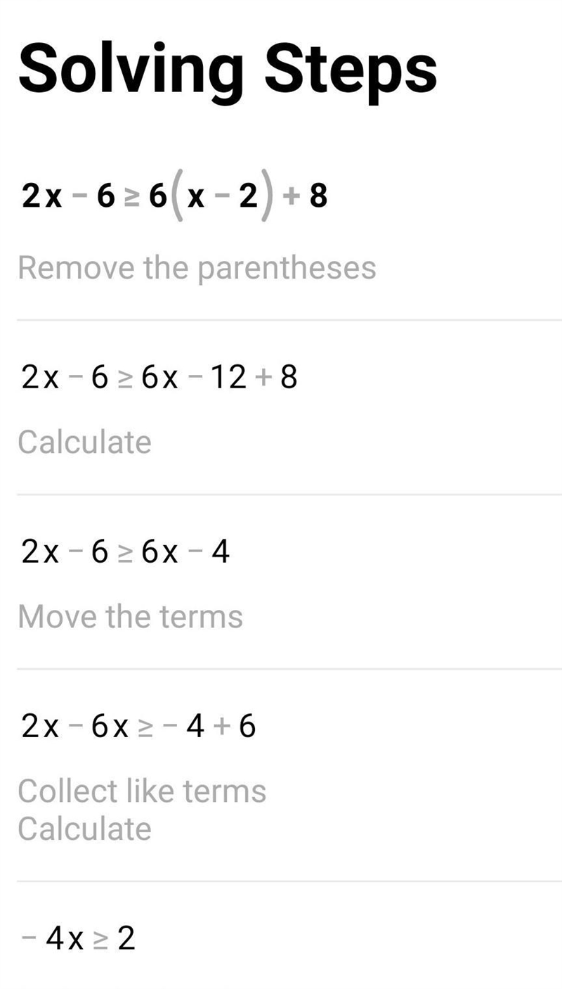 Which number line represents the solution set for the inequality 2x – 6 ≥ 6(x – 2) + 8?-example-1