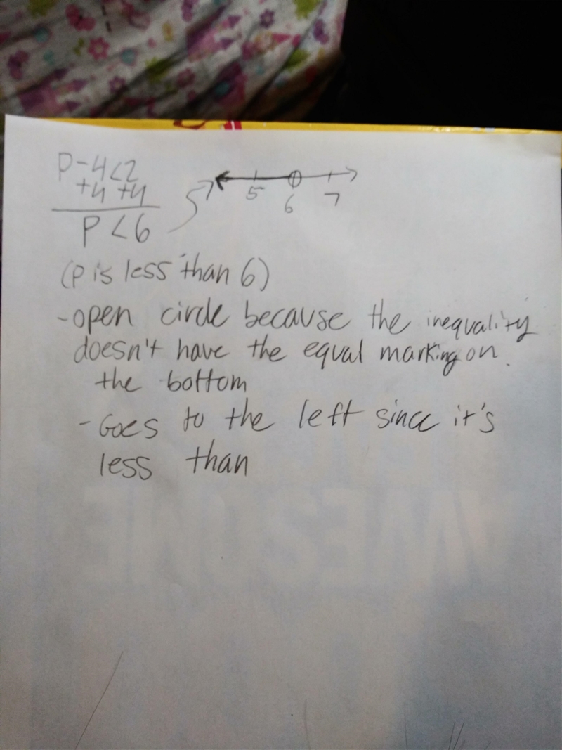 Solve the inequality. Graph the solution. p-4<2 help plz-example-1