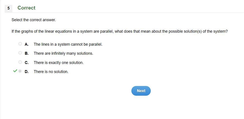 Select the correct answer. If the graphs of the linear equations in a system are parallel-example-1