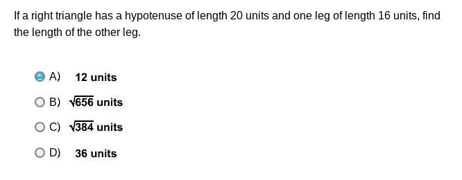 If a right triangle has a hypotenuse of length 20 units and one leg of length 16 units-example-1