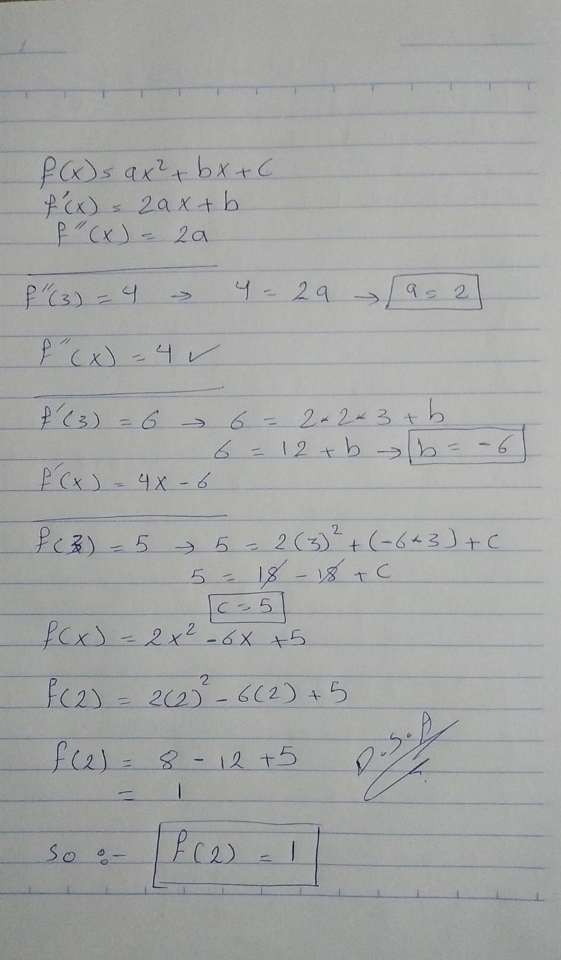 if f is a second degree polynomial function such that f(3) = 5, f' (3) = 6, and f-example-1