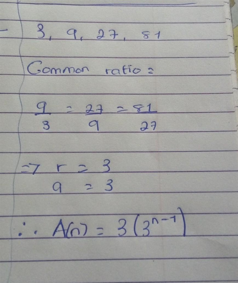 Find the formula for the nth term for the following sequence. 3, 9, 27, 81.. 1. A-example-1