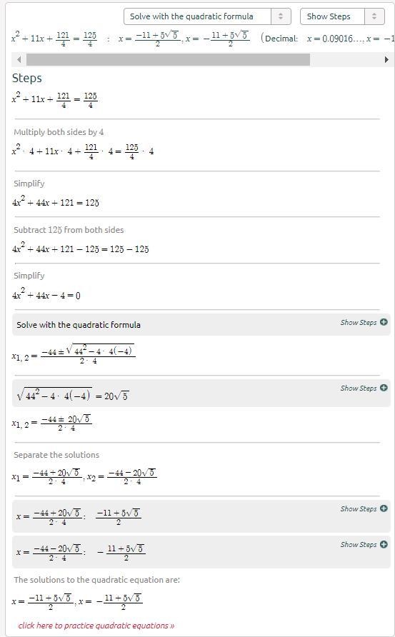 Solve the x in the equation x2+11x+121/4=125/4-example-1