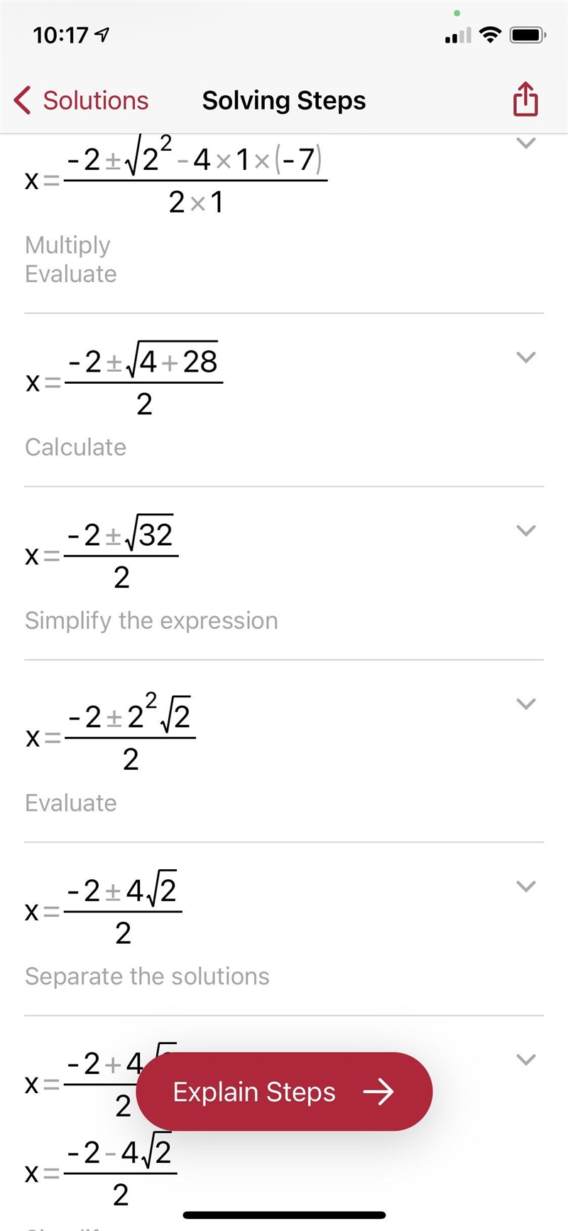 Solve the quadratic equation. Show all steps X^2+2x-7=0-example-1