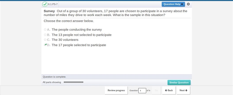 Out of a group of 30 volunteers, 17 people are chosen to participate in a survey about-example-1