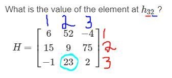 What is the value of the element at h32 ? H=⎡⎣⎢615−152923−4752⎤⎦⎥ 23 9 2 75-example-1