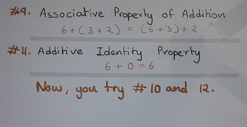 Can someone help me with 9-12 write an algebraic statement that illustrates the property-example-1