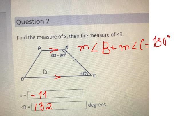 Find the measure of x, then the measure of А (33-9x)" 48/Dc x = degrees I need-example-1