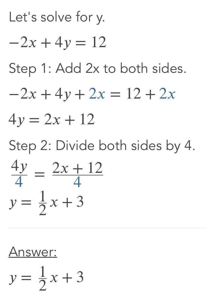 Find the x and y intercepts of the equation. 10) -2x + 4y = 12-example-1