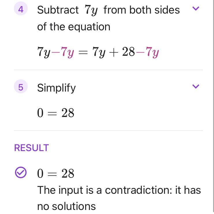 Solve using the multiplication principle. 7y-1=27+7y-example-1